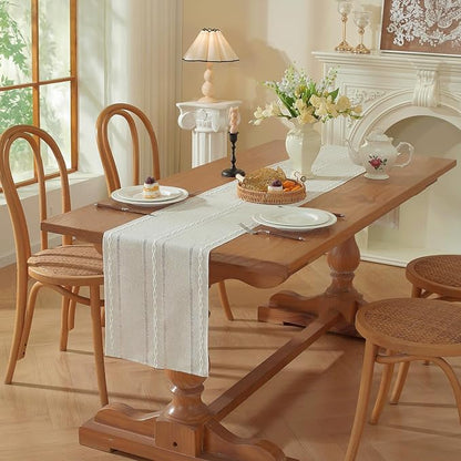 Beige Boho Cotton Linen Table Runner, Farmhouse Woven Table Runners Spring - Image 8