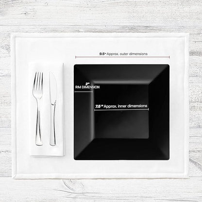 Smarty Had A Party 120 Elegant Disposable Plastic Dinner Plate, 9.5" Heavy Duty Fancy Square Black Dinner Plates for Parties and weddings