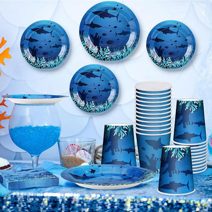 200 Pieces Party Supplies Tableware Set Patterns Printed Plates Napkins Cups Table Decorations for Baby Shower Birthday Party (Sea Style)
