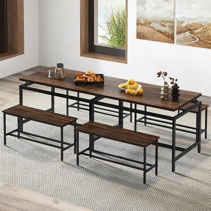 Giantex Kitchen Table Chairs Set of 3 - Dining Table Set for 4 with 2 Benches, Metal Frame, Space-Saving Dinette Table Set for 4, Small Places Breakfast Nook Table Set, Kitchen Table Set, Brown