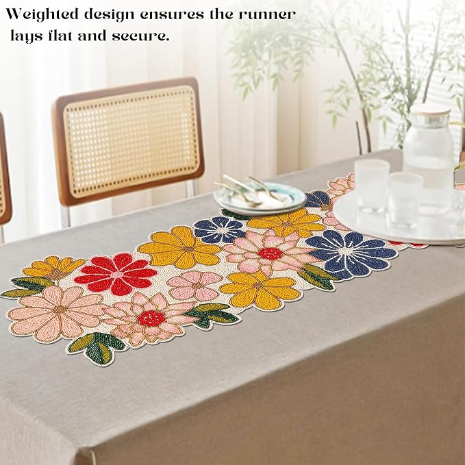 Yellow Red Beaded Table Runner, 13 x 36 | 85% glass beads, 15% polyester backing - Image 7