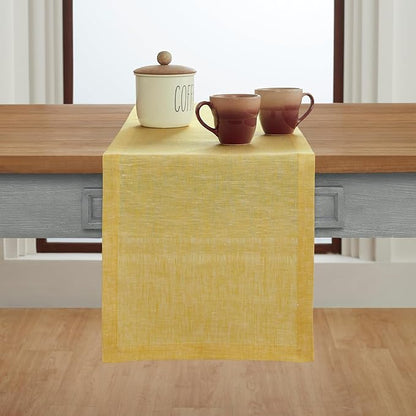 Solino Home Linen Short Table Runner 48 Inches - Athena, 100% Pure Linen Chambray Lemon Yellow Table Runner 14 x 48 Inch Ideal for Dresser and Coffee Tables, Spring, Easter