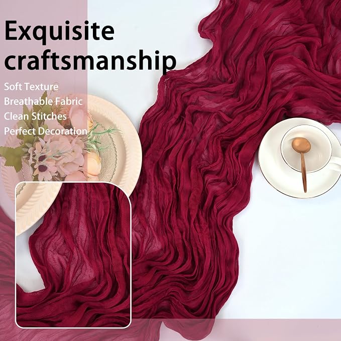 8 Pack Burgundy Cheesecloth Table Runner 17x108 inch Boho Gauze Cheese Cloth - Image 6
