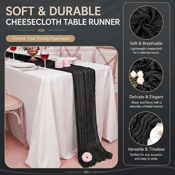 12 Pack Black Cheesecloth Table Runner 17x108 Inch Boho Rustic Semi Sheer Gauze - Image 4