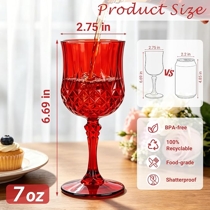 12Pack Plastic Wine Glasses, 7oz Vintage Goblets - Image 2