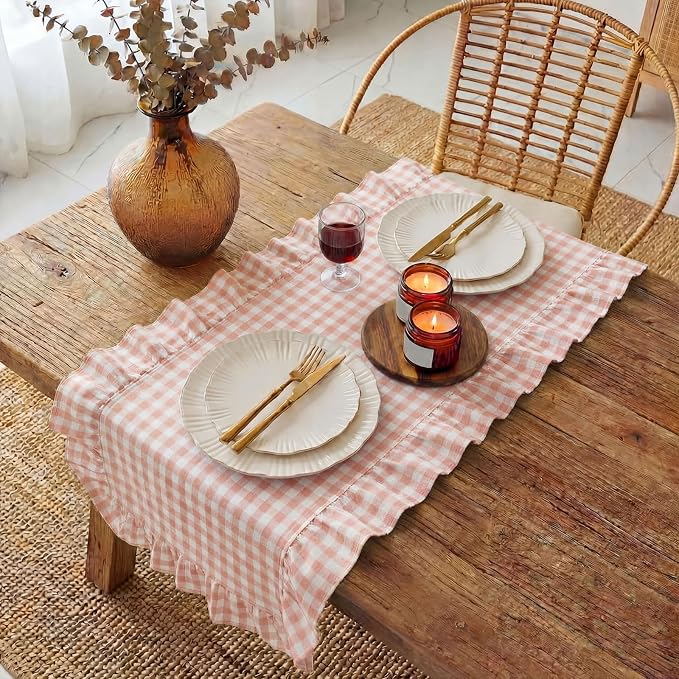 HunnmingRe 1 Pc Gingham Table Runner Light Pink, 118 X 13.8 Inch | Cotton - Image 3