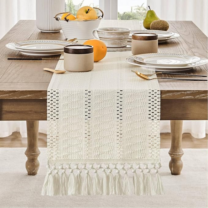 Macrame Style Boho Table Runner, 12x60 Inch Ivory | Woven Boho Table Runner - Image 2