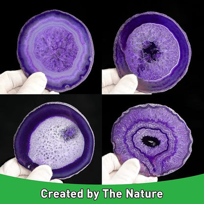 Agate Coaster Set of 4, 3.5-4" Natural Geode Stone Coasters for Drinks Coffee Table Decor Agate Slices Glass Cups Holder for Home Guest Room Housewarming Birthday Gift (Purple)