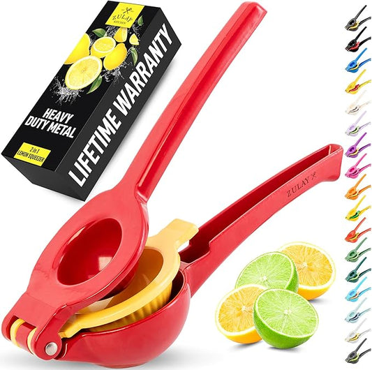Zulay Kitchen Metal 2-in-1 Lemon Squeezer - Sturdy Max Extraction Hand Juicer Lemon Squeezer Gets Every Last Drop - Easy to Clean Manual Citrus Juicer - Easy-Use Lemon Juicer Squeezer - Red/Yellow