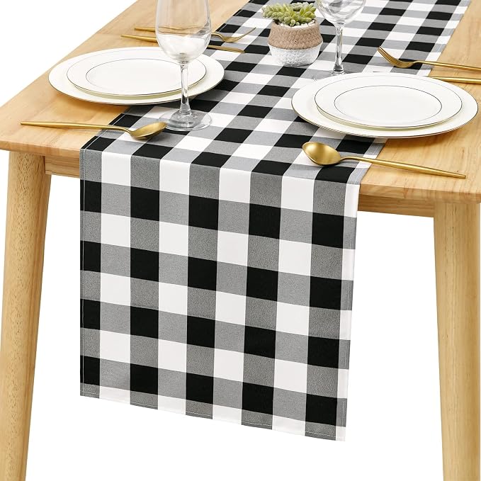 Buffalo Plaid Table Runner Black and White 14W x 108L, 1 Piece | Waterproof by Hiasan