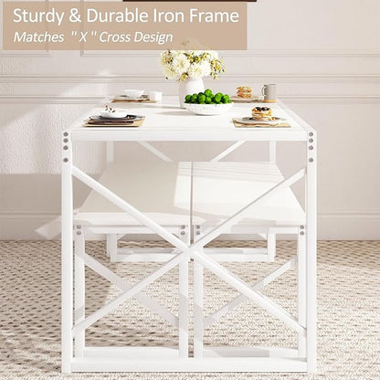 VECELO Kitchen Dining Table Sets for 6, 55" Wood Dinette 2 Benches with Metal Frame for Dinner Breakfast Nook and Small Space, White