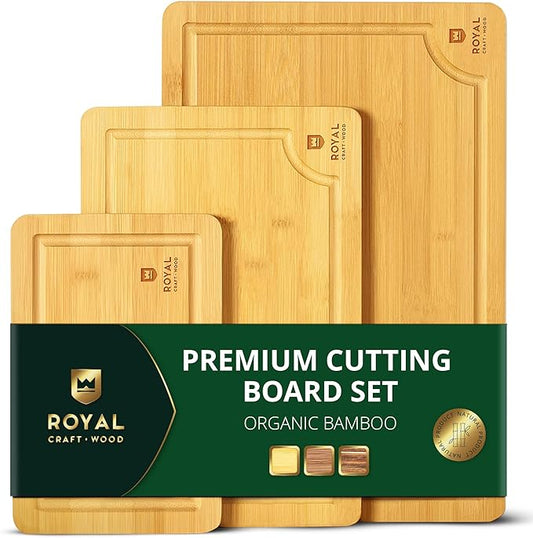 ROYAL CRAFT WOOD Premium Cutting Board Set – Non Toxic Bamboo & Wooden Cutting Boards for Kitchen Meal Prep, Durable Butcher Block for Meat with Side Handles, Deep Juice Groove, Charcuterie & Chopping