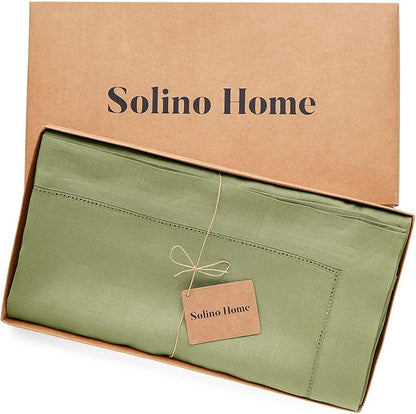 Solino Home Linen Moss Green Tablecloth 60 x 108 Inch - Classic Hemstitch, 100% Pure Linen Rectangular Tablecloth - Machine Washable Table Cloth for Winter, Spring, Easter, St Patricks Day