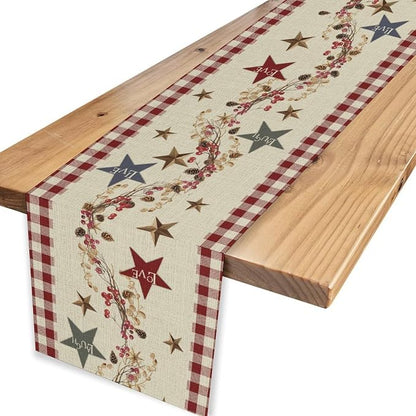 Western Texas Table Runner, Rustic Farmhouse Red Plaid Check Golden Star Barn - Image 4
