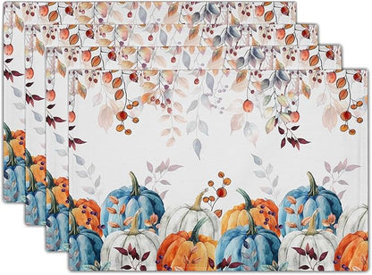 Fall Placemats for Dining Table Set of 4, Autumn Pumpkins Leaves Thanksgiving Harvest Washable Cloth Farmhouse Decorative Kitchen Table Mats 12x18 Inch for Seasonal Home Party Outdoor
