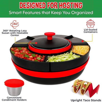 KEFF Taco Tuesday Kit - Taco Bar Serving Set for a Party, Lazy Susan Serving Dish 6 Sections, 4 Tacos Holder, Condiment Containers, Squeeze Bottles, Tongs, Recipes & Instructions - Tailgate Essentials
