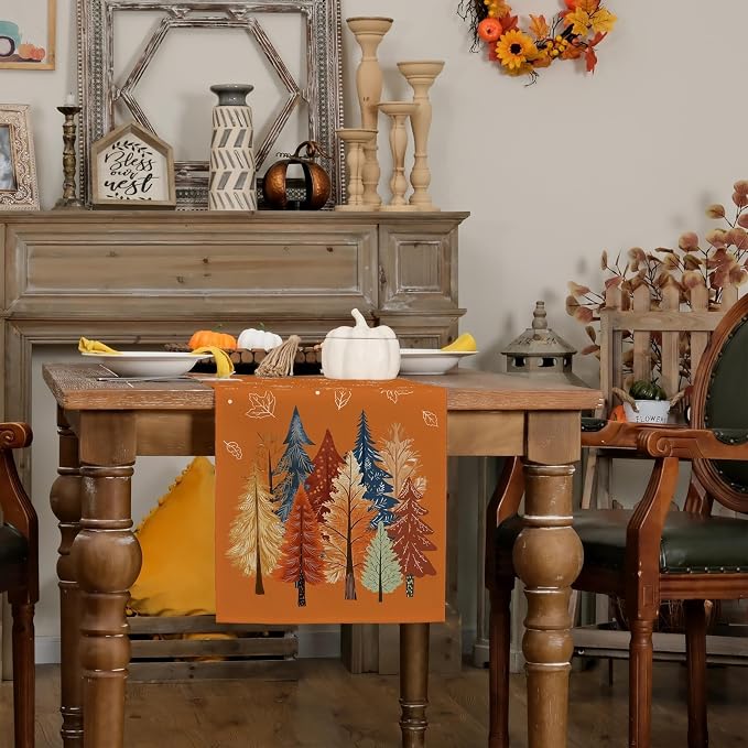 Fall Watercolor Trees & Maple Leaves Table Runner 13x72 Inch, Rustic Farmhouse - Image 8