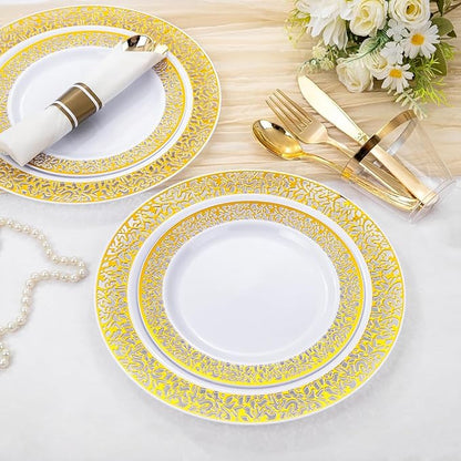 WELLIFE 210Pcs Gold Plastic Dinnerware - Disposable Silverware and Cups, Include:30 Dinner Plates, 30 Dessert Plates, 30 Paper Napkins, 30 Cups, 30 Gold Plastic Cutlery Set for Party and Wedding