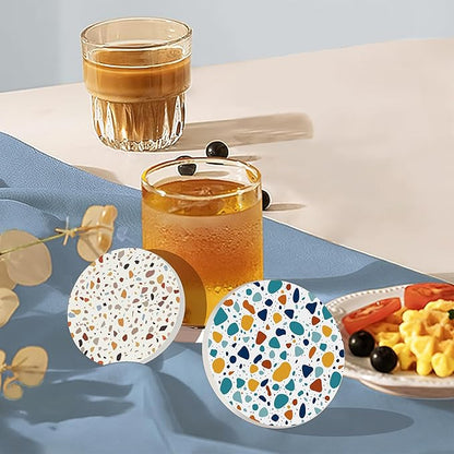 6 Pcs Coasters for Drinks with Holder, Terrazzo Marble Absorbent Ceramic Coasters with Cork Base,Cute Funny Table Drinks Coasters Tabletop Protection Mat,Table Home Decor,4 Inches