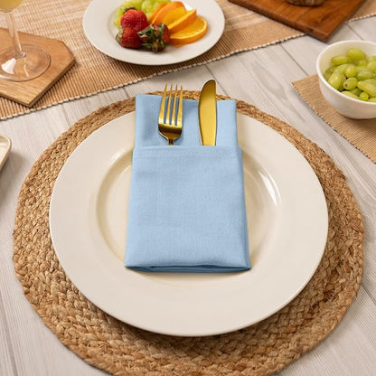 Blue Needles Solid Cloth Napkins Set of 6 Ice Blue 100% Cotton Dinner Napkins 18x18 inches - Soft, Reusable, Absorbent & Washable Linen, Ideal for Christmas Events, Parties & Everyday Use