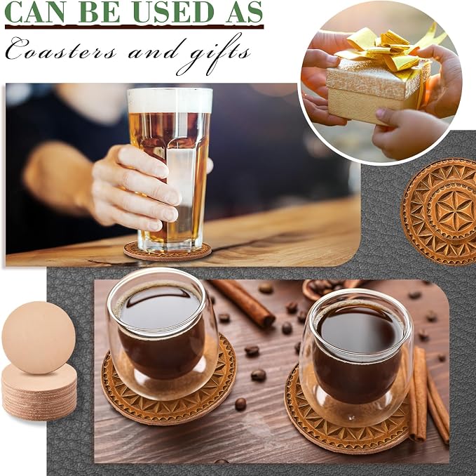 Bulyoou 50 Pcs Round Vegetable Tan Leather Coaster 3-3/4" Circular Tooling | - Image 3
