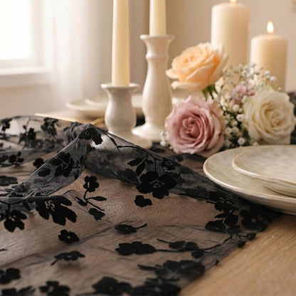 Artoid Mode Black Gauze Flocking Flowers Table Runner 10FT, Halloween Sheer - Image 6