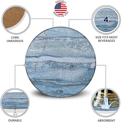 Emerson Coasters for Drinks Absorbent – Natural Stone Drink Coasters Set with Holder, Coasters for Coffee Table, Wooden Tabletop Protection Marble Style – 100% Heavy Duty Set of 6 (Beach)
