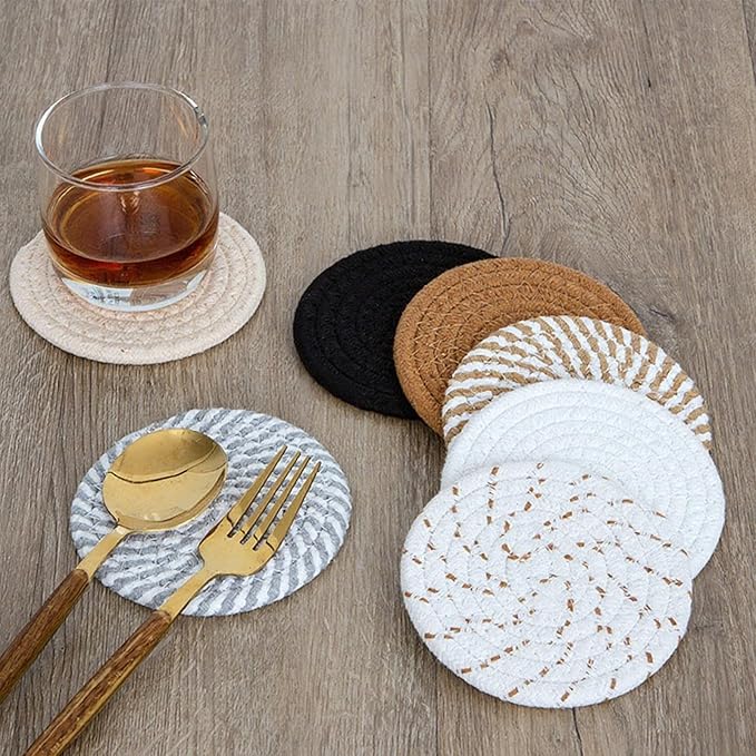 8 Pcs Drink Coasters with Holder, Handwoven Cotton Coasters Set Stackable Absorbent Minimalist Home Decor for Table, Cup, Mug (Mix 8)