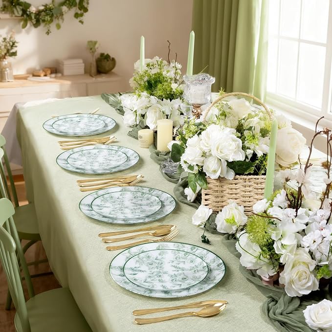 60PCS Green Floral Plastic Plates - Image 9