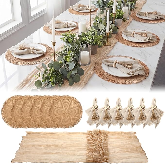Frienda Set of 6 Boho Table Placemats Round Woven Place Mats Matching Linen by Frienda