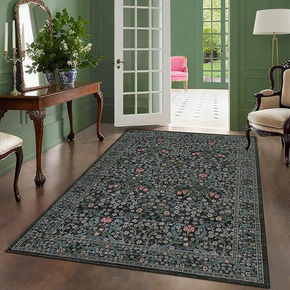 GarveeHome 6x9 Washable Area Rug for Living Room, Floral Dining Room Rugs for Under Table, Low Pile Non-Slip Stain Resistance Floor Carpet for Bedroom, Dark Black