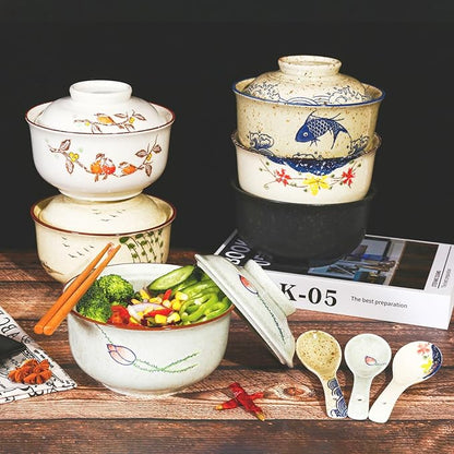 Ceramic Ramen Bowl Set, 800ml, with Lid, Spoon and Chopsticks, Japanese Vintage Large Soup Bowls Instant Noodle Bowl Asian Tableware (Color*1)