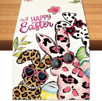 Happy Easter Bunny Table Runner, Egg Burlap Table Runners, Spring Leopard Print by BEAUTYROMANCEFORYOURLIFE