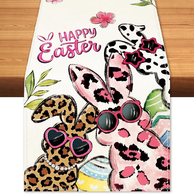 Happy Easter Bunny Table Runner, Egg Burlap Table Runners, Spring Leopard Print by BEAUTYROMANCEFORYOURLIFE