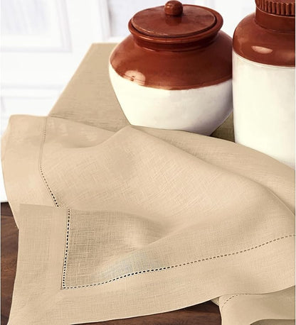 Solino Home Linen Beige Table Runner 72 Inches Long - 100% Pure Linen Hemstitch Table Runner 14 x 72 Inch for Dresser, Dining, Spring, Easter - Classic Hemstitch