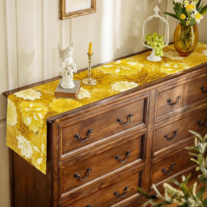 Yellow Dahlia Flower Summer Table Runner Yellow Gray Burlap Table Runners - Image 5