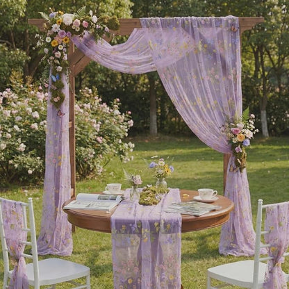 Purple Floral Table Runner 10ft Embroidery Tulle Spring Wildflower Gauze Table - Image 5