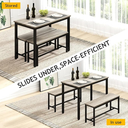 Rovibek Dining Room Table Chairs Set for 4, Modern Space Saving Kitchen Table with 2 Benches & Adjustable Feet Breakfast Table, Farmhouse Wooden Industrial Style, 43", Grey