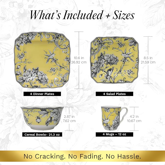 222 Fifth Adelaide Yellow 16-Piece Floral Porcelain Dinnerware Set | Microwave - Image 2
