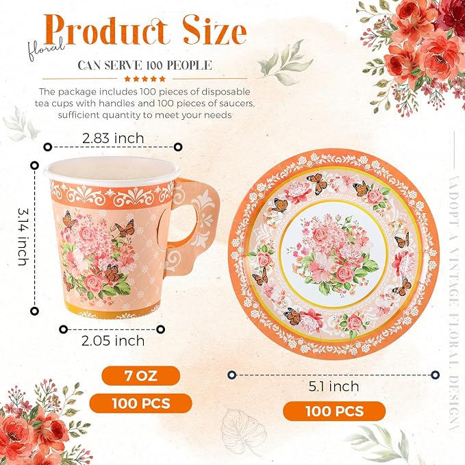 Nuogo 200 Pcs Floral Paper Tea Cups and Saucers 7 oz Disposable Paper Teacups - Image 2