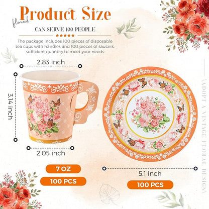 Nuogo 200 Pcs Floral Paper Tea Cups and Saucers 7 oz Disposable Paper Teacups - Image 2