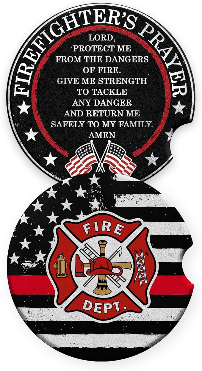 Firefighter Car Coasters Set of 2 – Firefighter's Prayer Ceramic Cup Holder by BOZSPACER