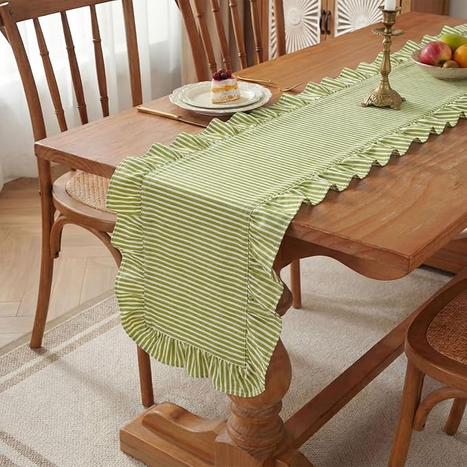 HunnmingRe Ruffle Trim Boho Table Runner Farmhouse Rustic Stripes Scalloped by HunnmingRe