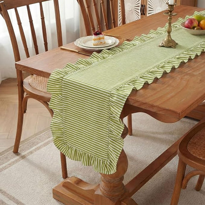HunnmingRe Ruffle Trim Boho Table Runner Farmhouse Rustic Stripes Scalloped by HunnmingRe