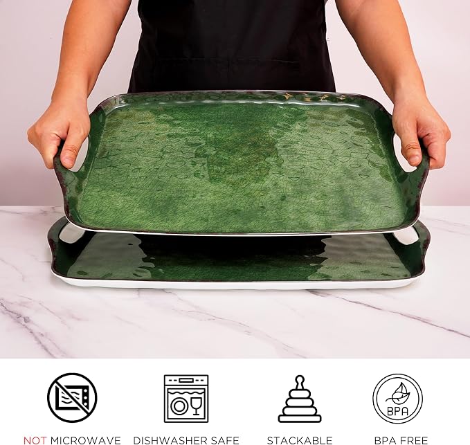 TP Melamine Serving Trays with Handles, Retro Green | Large Rectangular Trays - Image 2