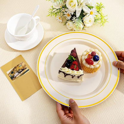 IOOOOO 200 Pcs Gold and Ivory Plastic Plates, Ivory Disposable Party Plates - Image 2
