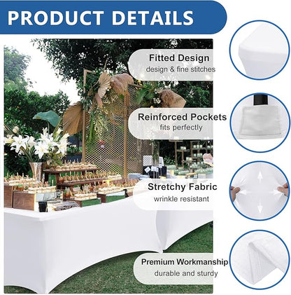 Table Cover for 6 foot Rectangle Tables-6 Pack White Fitted Stretch Tablecloth-Elastic Spandex 6ft Folding Tablecloths for Party, Vendor Booth Display, Banquet Buffet Event, Craft Trade Show