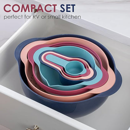 COOK WITH COLOR Nesting Bowls with Measuring Cups Colander and Sifter Set - Includes Mixing Bowls, Colander, Sifter and Measuring Cups, Navy, 8 Pc Bowl