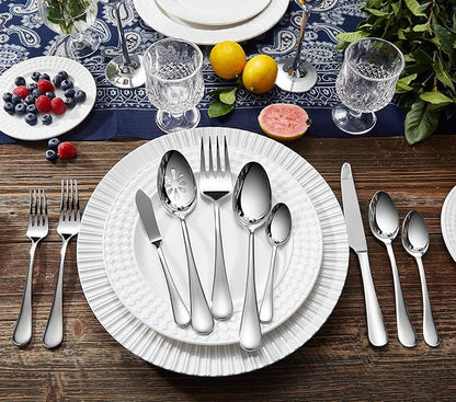KEAWELL Premium Verona 65-Piece Silverware Set for 12 – Heavy Duty 18/10 Stainless Steel, Brilliant Mirror Finish, Smooth Edges, Dishwasher Safe (65, Silver)