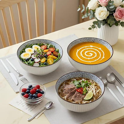 QINLANG Large Soup Bowls, Pho & Ramen Set of 3, 60 oz Blue & White Porcelain - Image 5